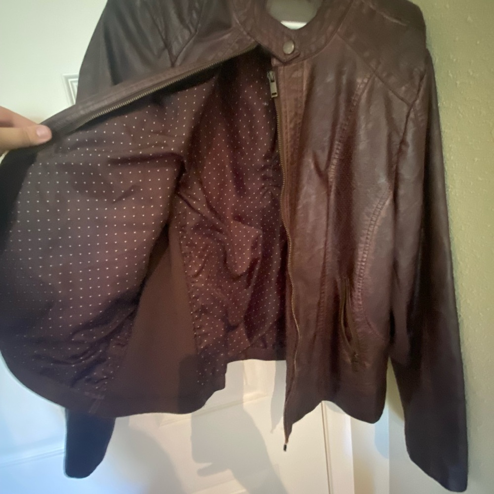 Distressed deep red faux leather jacket runs big!